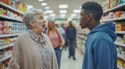 Shocked Senior Confronting Young Man in Supermarket Aisle Unexpected Interracial Encounter at Store