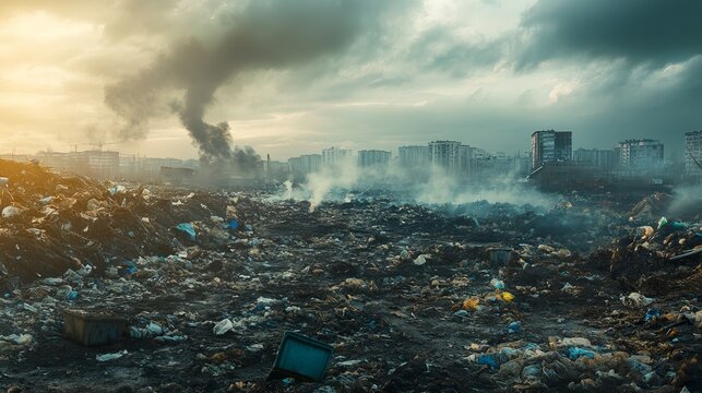 Environmental crisis urban waste management cityscape photographic image polluted atmosphere overhead view sustainability issues