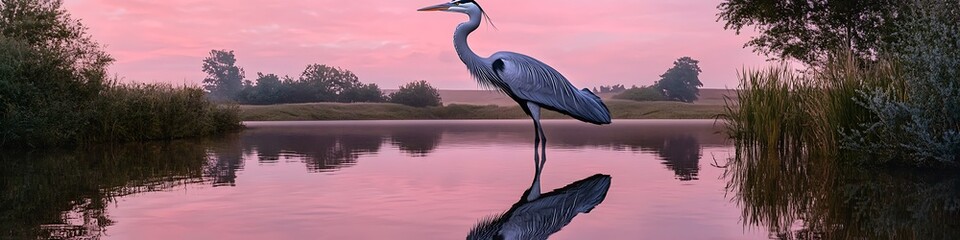 A majestic heron sculpture standing still in a tranquil river with its reflection mirrored perfectly on the water, under a soft pink evening sky