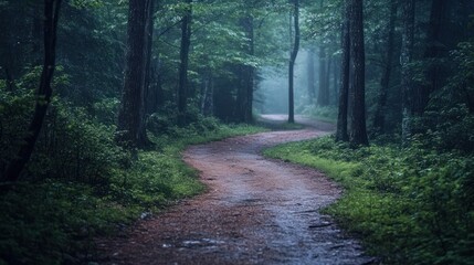 Fototapeta premium Peaceful Forest Path Illuminated by Soft Light, Surrounded by Lush Green Plants