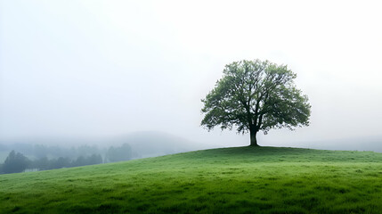 Obraz premium Solitary Tree on a Foggy Green Hill