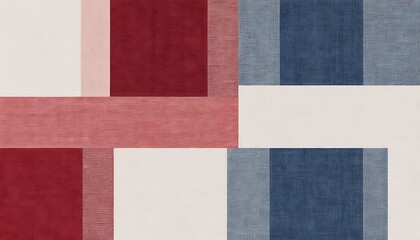 Abstract Geometric Fabric Pattern with Rectangles in Red Blue Beige