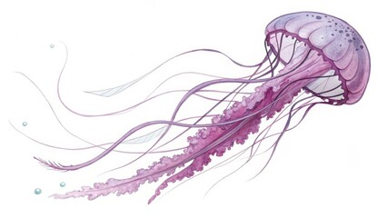 Fototapeta premium Purple Jellyfish Watercolor Painting Flowing Tentacles, Ocean Concept, Watercolor Illustration Jellyfish, Underwater