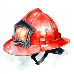 Red Firefighter Protective Helmet Artwork Rendered in Watercolor Style on White Background Graphic