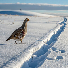 Obraz premium Bird on Winter Snow: Wildlife Footprints and Braving the Challenges of the Frosty Hunt Season 
