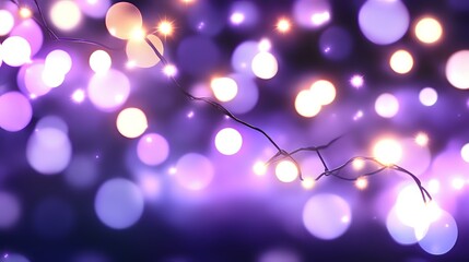 Glowing string lights creating magical purple and pink bokeh effect against dark background, festive illumination with soft defocused circles of light.
