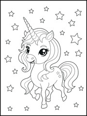 Black and White Unicorn Coloring Page for Kids. Cute, Hand-Drawn, Printable Activity Sheet with Cartoon Characters and Simple Doodles