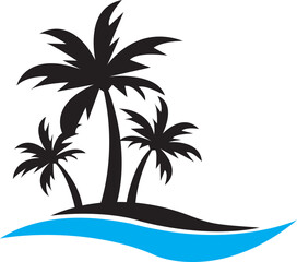 Fototapeta premium tropical island with palm trees. Black vector design of palm trees on an island, a simple and clean black silhouette on a white background.