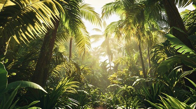 Lush Green Tropical Jungle Landscape With Sunlight Streaming Through Palm Trees