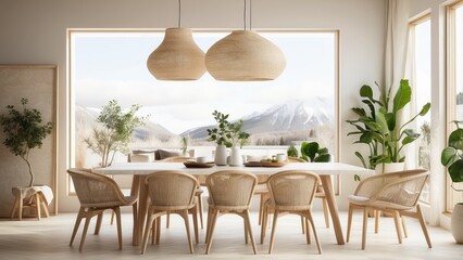 Fototapeta premium A well-lit dining room with large windows allowing natural light to ente