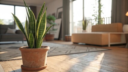 Fototapeta premium Sunlit Snake Plant in Modern Living Room, Depth of Field, Interior Design, Potted Plant, Home Decor Snake Plant, Interior Design