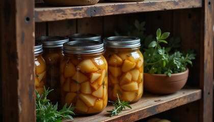 Shelves of preserved pickled fruits in glass jars