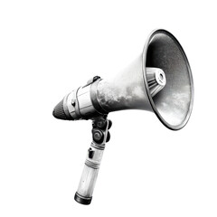 Silver and black megaphone on solid black background with no distractions for clear visual focus isolated on transparent background.