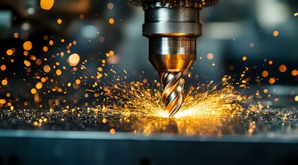 Dramatic close-up of industrial drill bit with bright orange sparks flying during metal machining process against dark background with bokeh lighting effects.