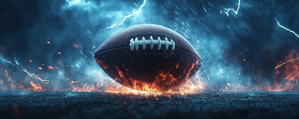 American football center in an intense moment, dark blue background with vibrant lightning bolts, actionpacked energy, detailed realism, highdefinition cinematic capture