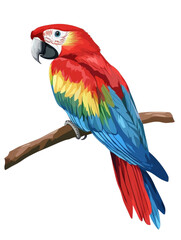 Obraz premium Colorful parrot perched on a branch surrounded by lush green foliage in a natural setting isolated on transparent background.
