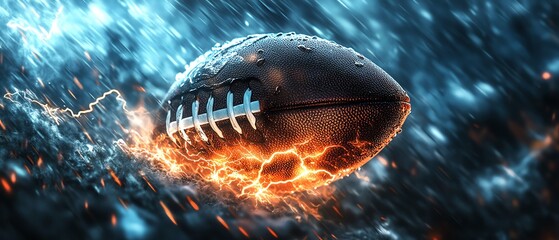 An American football center surrounded by electric energy and lightning, dark blue background, highspeed action, dramatic lighting and motion blur, ultrarealistic highdefinition