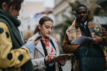 A team of diverse business people strategizing and brainstorming together while reviewing notes and documents in an outdoor urban setting.