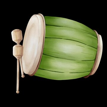 Simple watercolor green bedug (wooden large drum for muslim prayer time signal) with two beaters animation.