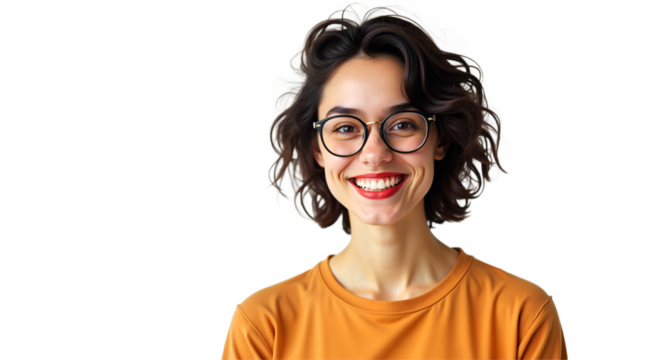 Smiling happy woman portrait isolated on transparent background. Studio shot of girl with glasses and red lips for advertising, social media, web design.