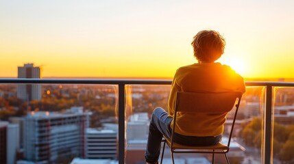 Fototapeta premium Serene Sunset View from a Balcony with a Person Sitting in a Chair Gazing at the City Skyline Illuminated by Golden Light