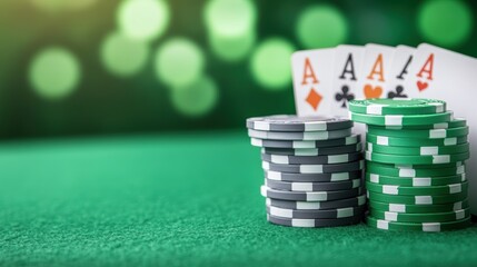 Fototapeta premium Vibrant poker scene featuring a winning hand of aces and stacks of chips against a blurred green background, perfect for casino enthusiasts.