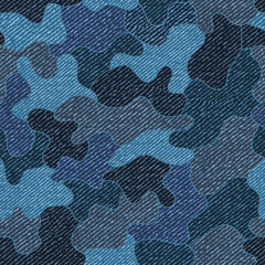 Denim blue camouflage seamless pattern. Classic camouflage stains with denim fabric texture. For clothing design.