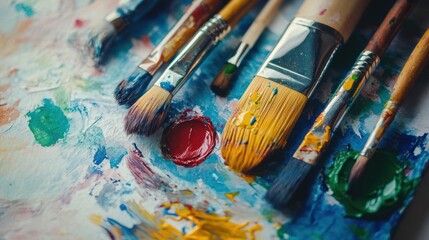 Obraz premium Paintbrushes, palette, studio, colorful paints, art supplies; creative process