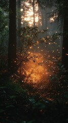 Fototapeta premium Glowing lights illuminate a forest path at sunset.