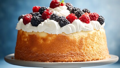 A light and airy angel food cake with whipped cream and berries on top, displayed against a soft sky blue background.