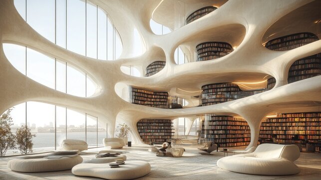 Modern library interior with organic design