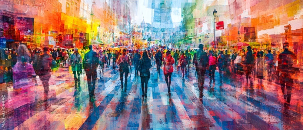 Poster vibrant colorful cityscape with diverse crowd of people moving through a bustling urban street blurr