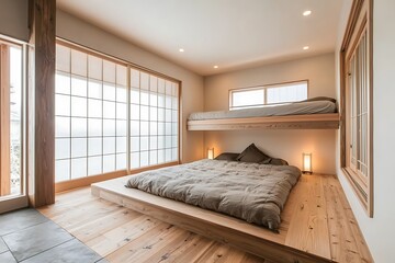 Minimalist bedroom with a low bed and built-in wooden bunk beds, providing a serene and restful environment