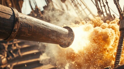 Cannon Firing from Pirate Ship with Smoke and Explosions in Background