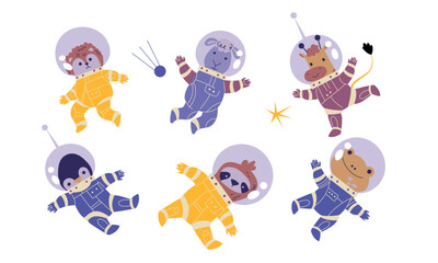 Naklejka premium Cute Animal Astronaut Characters in Space Suit Vector Set