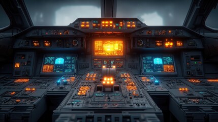 Futuristic spaceship cockpit with illuminated control panels and advanced technology showcases a sci-fi exploration theme