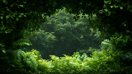 Lush Green Forest with Sunlight Filtering Through Leaves