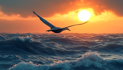 A serene albatross sculpture gliding over the open ocean with dramatic waves and a fiery sunset creating a warm, glowing ambiance