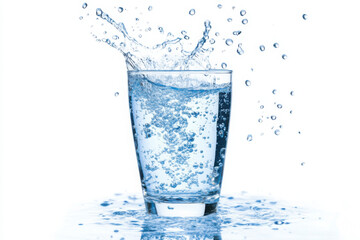 A splash of water in a clear glass, captured in mid-motion, illustrating freshness and vitality with droplets scattering in all directions on a white background.