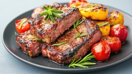 Grilled steak and vegetables on plate