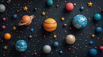 Whimsical Colorful Planets and Stars on Dark Background