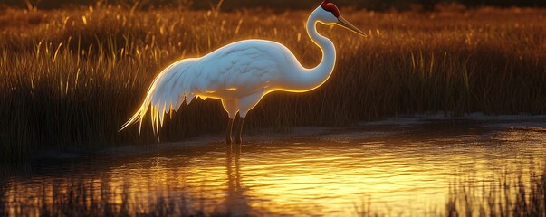 A serene crane sculpture standing in shallow water amidst a marsh, its long neck bent gracefully and its white feathers glowing under golden light