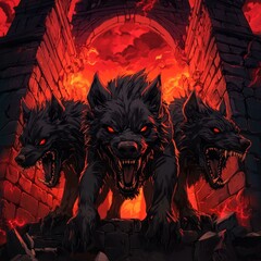 Three Headed Guardian Dogs of the Underworld Gate in a Dark and Fiery Inferno Dungeon Setting