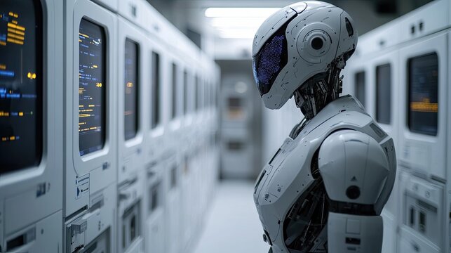 A futuristic humanoid robot standing in a high-tech environment, showcasing advanced artificial intelligence and robotic design.