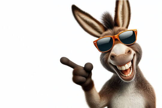 Portrait of a funny donkey with a big smile and sun glasses isolated on white background