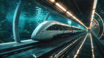 Futuristic train traveling through underwater tunnel with vibrant lighting and reflections in an immersive environment