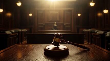 Elegant Wood Gavel on Courtroom Table with Soft Lighting Background