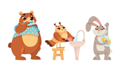 Animal Characters and Hygiene Rules Washing and Grooming Vector Set