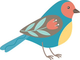 Cute decorative blue bird with floral ornament. Spring animal in scandinavian style and colors	