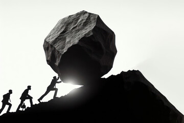 Silhouette of businessman pushing huge stone boulder up on hill